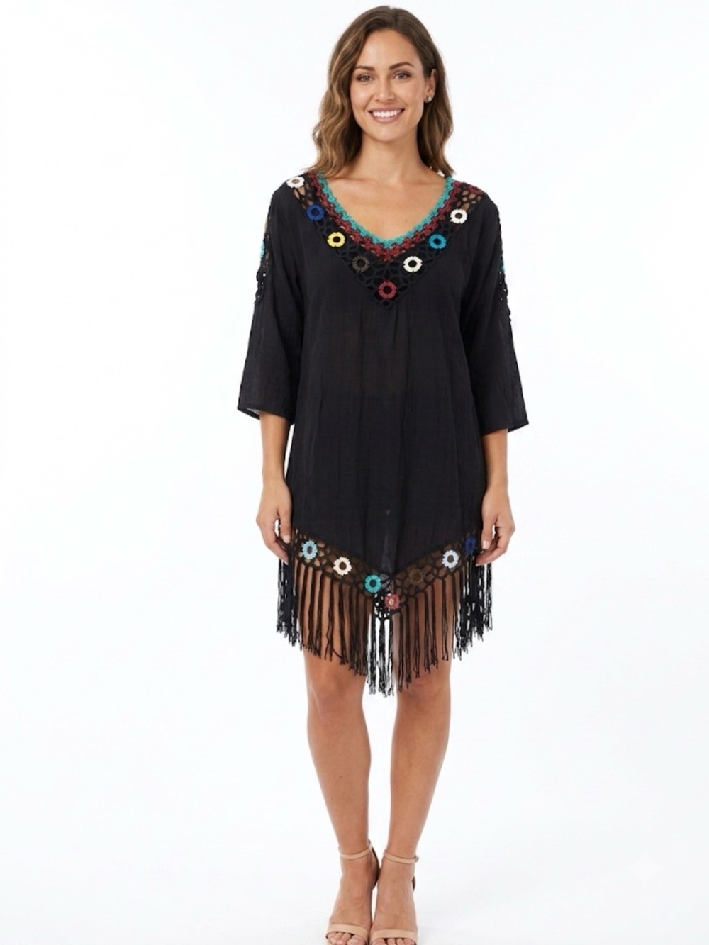Boho Black Crochet Fringe Tunic Dress Cover Up One Size M/L
